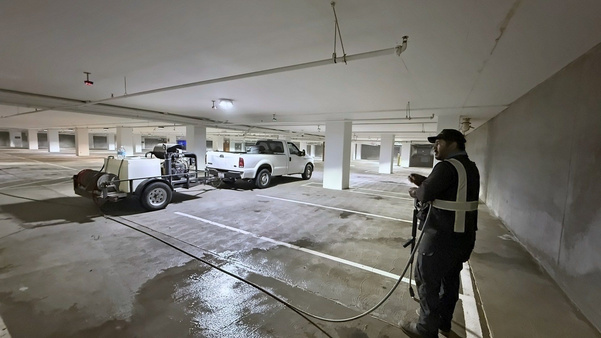Zach Rubio pressure washing a parking structure deck at Jamul Casino Resort with a trailer-mounted rig